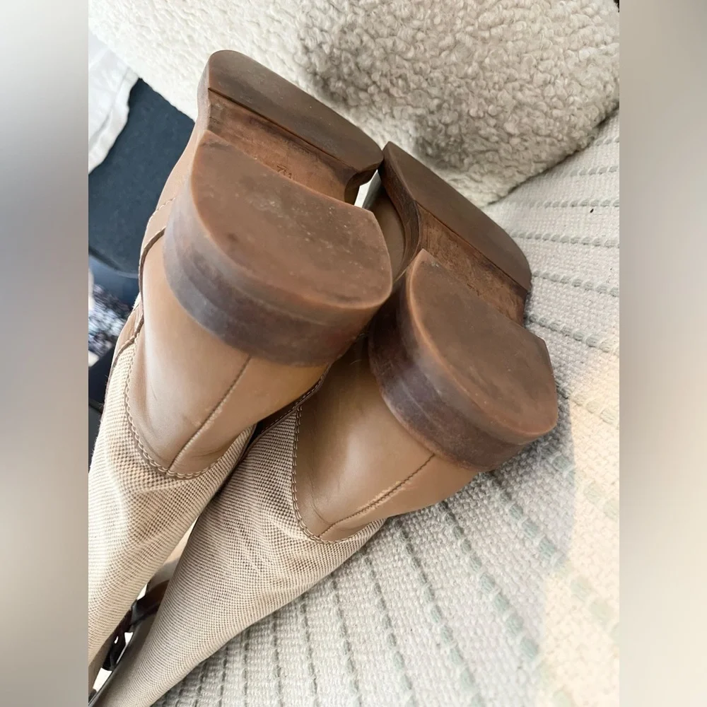 Marc Jacobs Tan Leather Cream Canvas Knee High Riding Boots - Picture 9 of 9